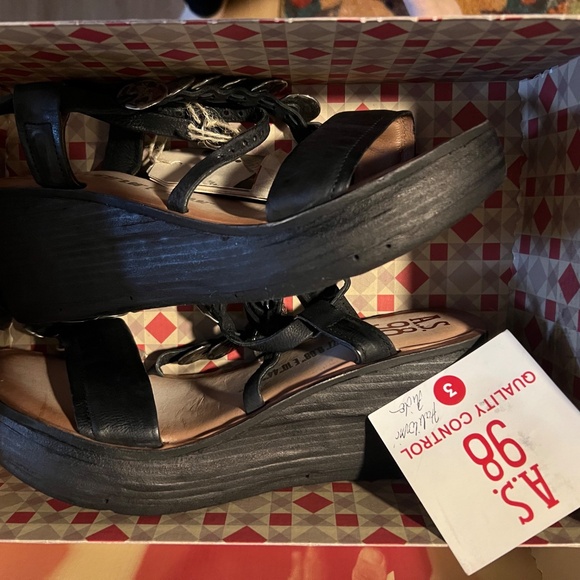 AS 98 Sandals 41 10 10.5 Wedge Leather Black Airstep Shoes Boho Strap Ankle Noa - Picture 6 of 9